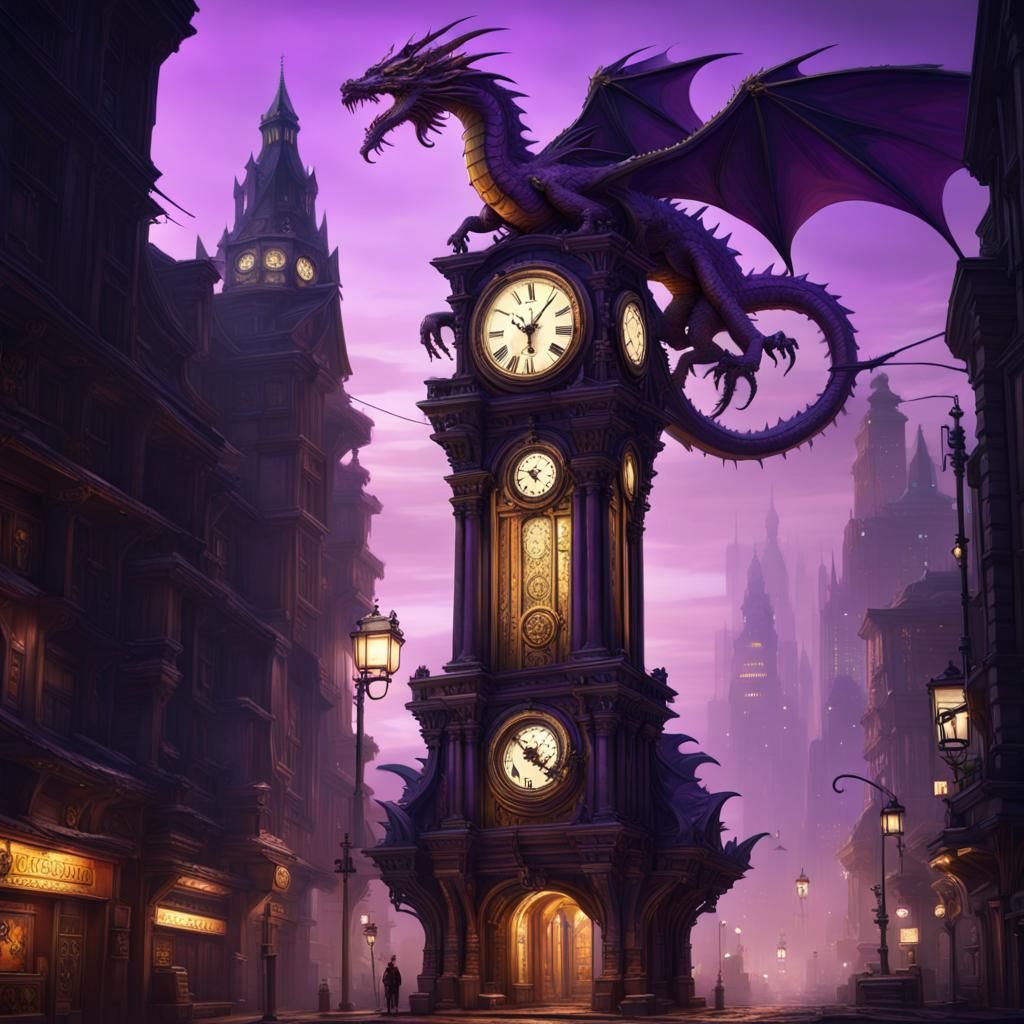Cyberpunk Clock Tower and Steampunk Dragon