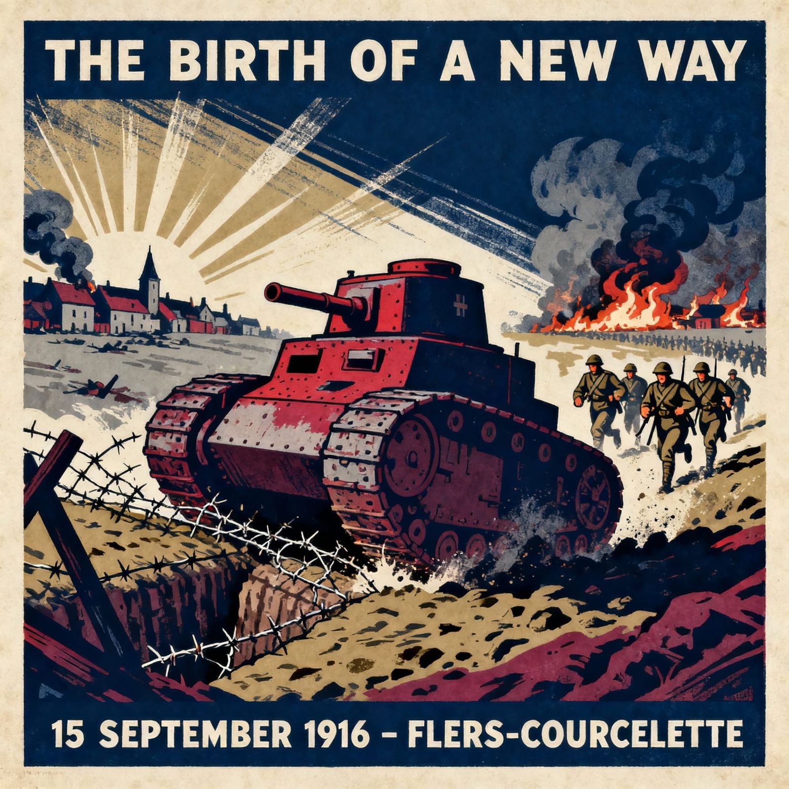 WWI Tank Battle in Vintage Lithograph Style