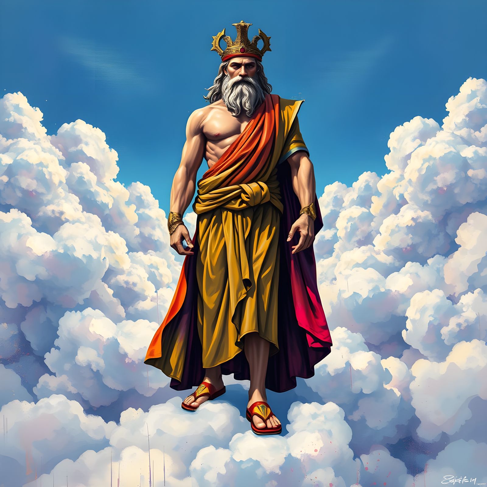 Greek God on Clouds in Graffiti Art Style