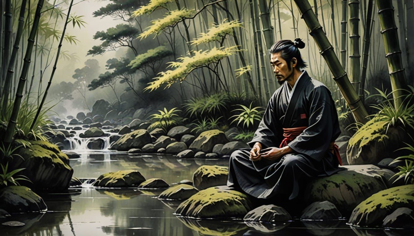 Samurai Meditating in Bamboo Forest, Sumi-e Style