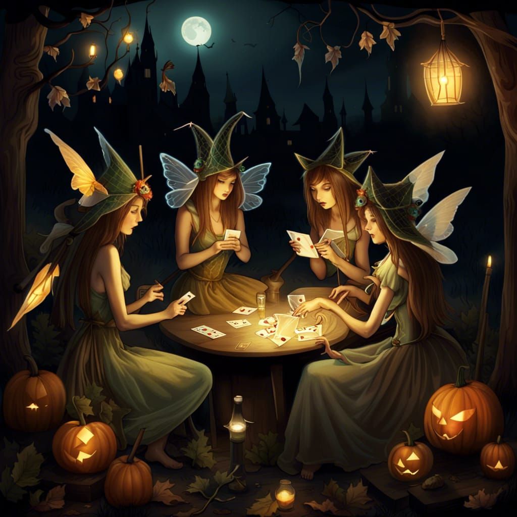 Fairies playing Go Fish with Tarot Card on Halloween Night