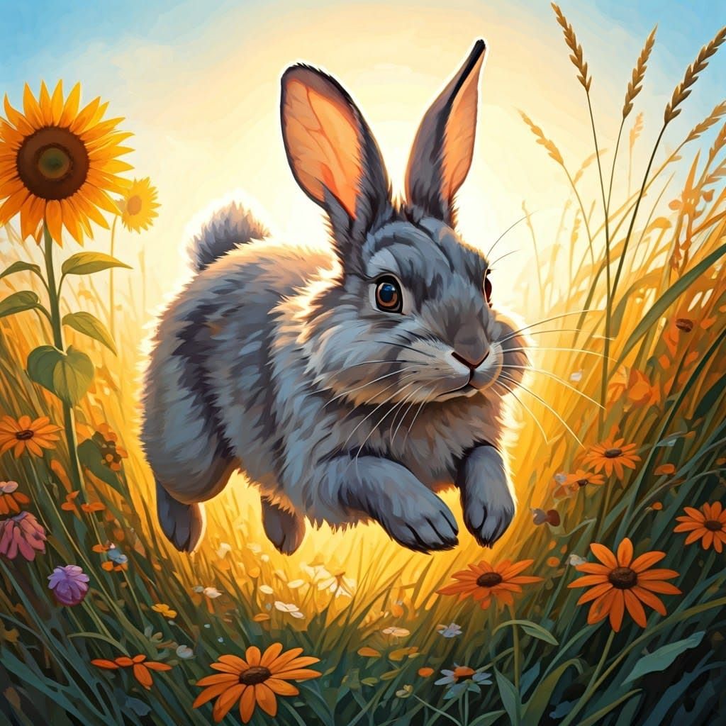Rabbit Jumping in Meadow: Whimsical Watercolor Style
