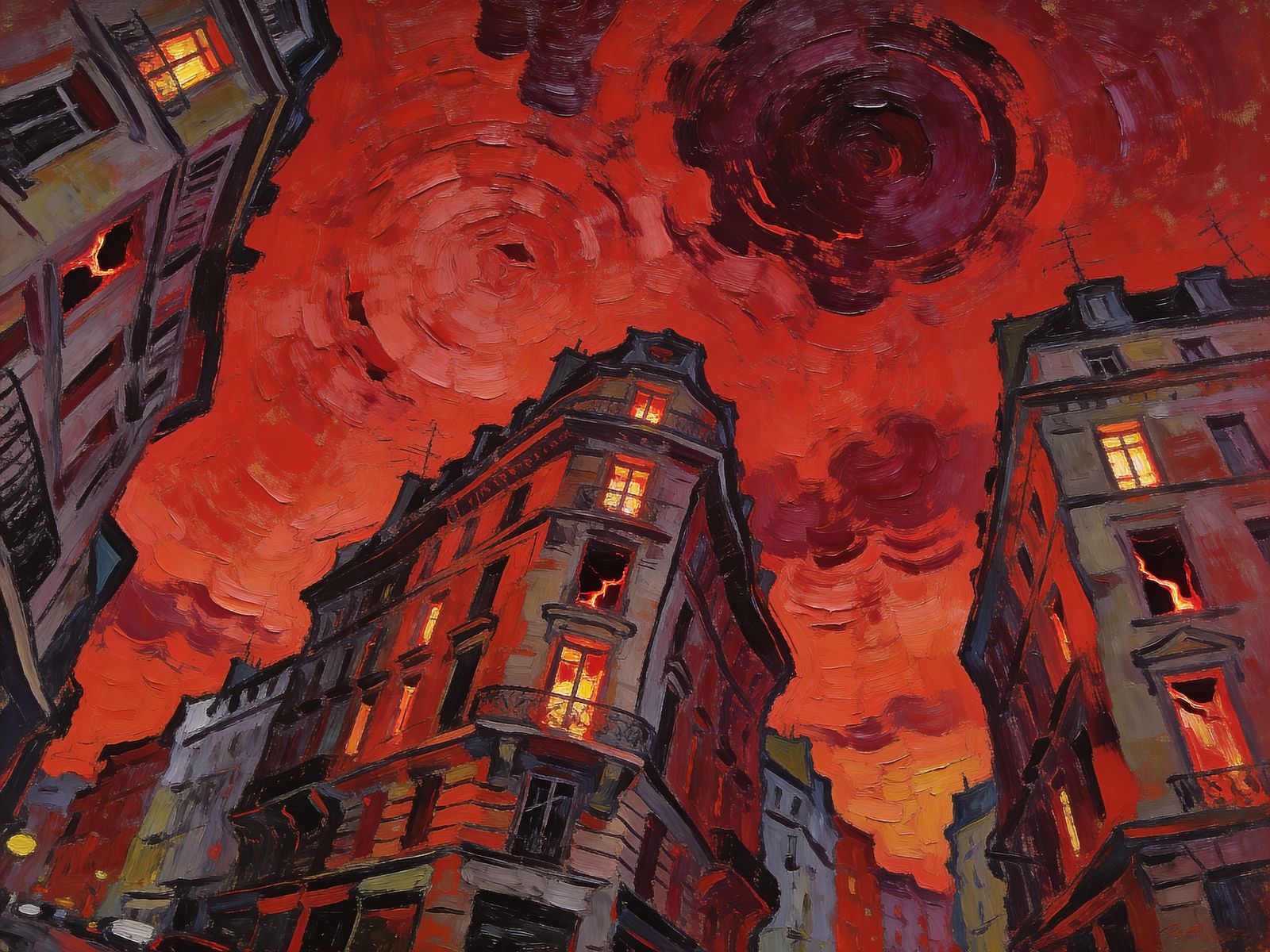 Distorted Cityscape Under Blood-Red Emotional Sky