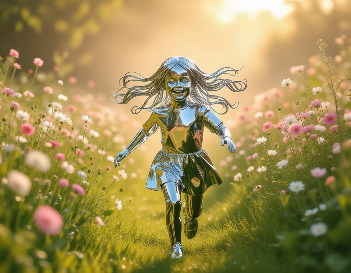 Chrome Girl Runs Through Lush Garden in Golden Sunlight