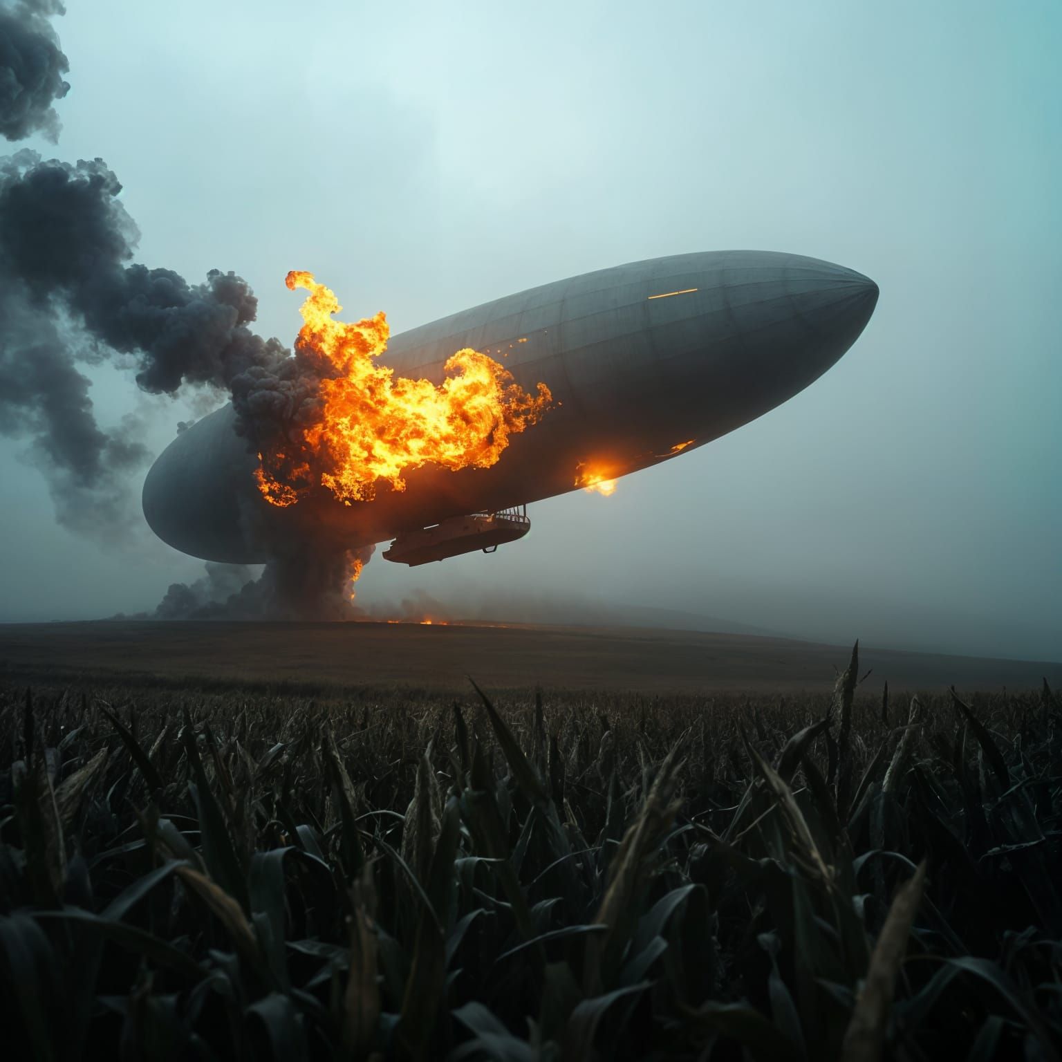 Surreal Hindenburg Disaster in Misty Cornfields