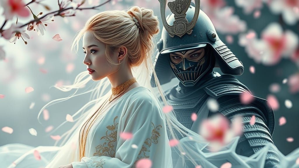 Celestial Goddess and Samurai in Dreamlike Double Exposure