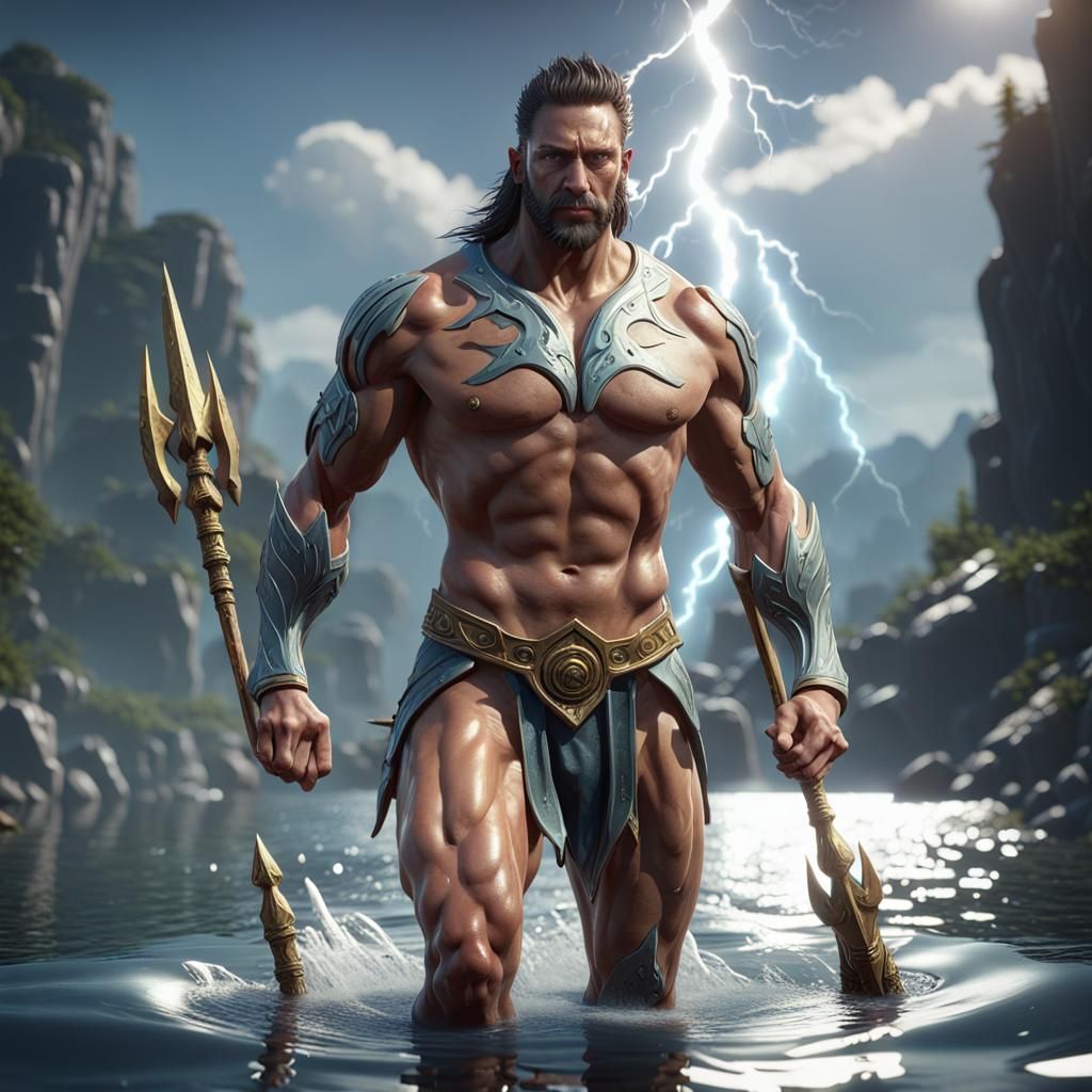 Epic Poseidon Walking on Water, 3D Render