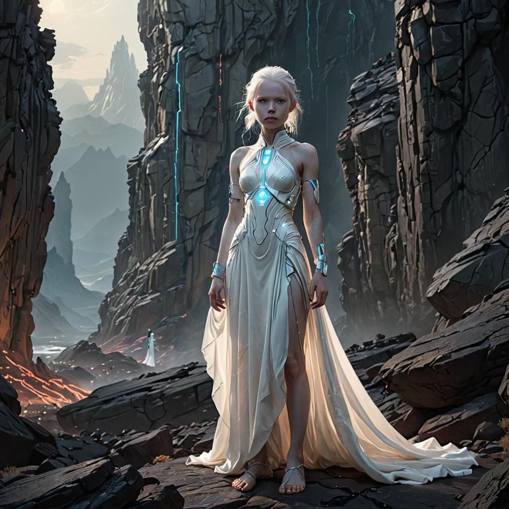 Albino Cyborg Child on Barren Planet in Sci-Fi Art