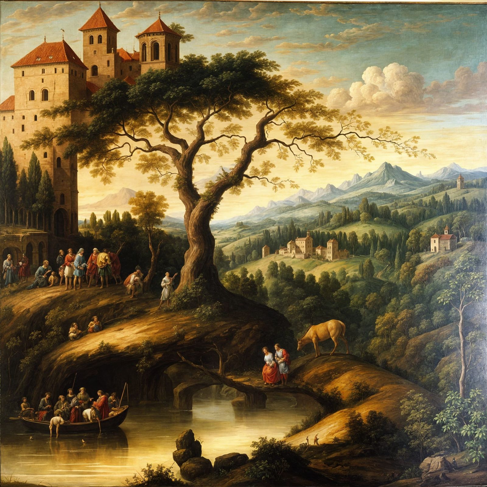 Renaissance Landscape Painting in Oil on Canvas