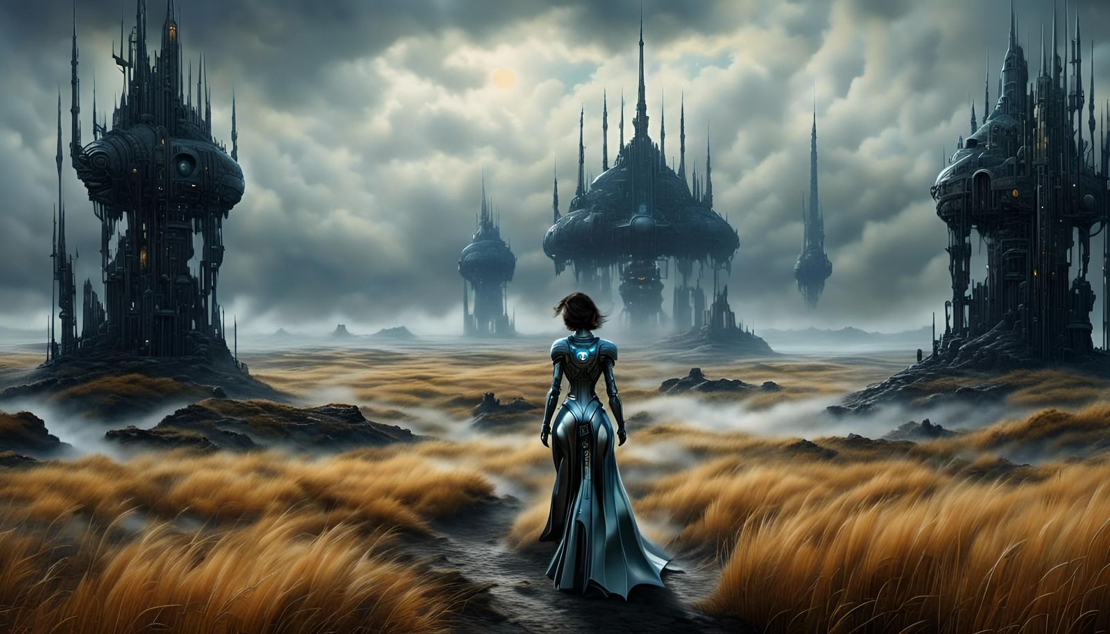 Cyborg Walks Misty Shore Dreamscape