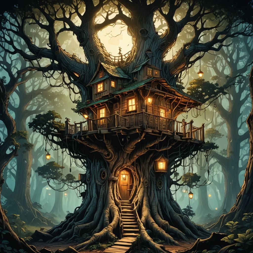 Mystical Treehouse in Misty Forest: Comic Book Art