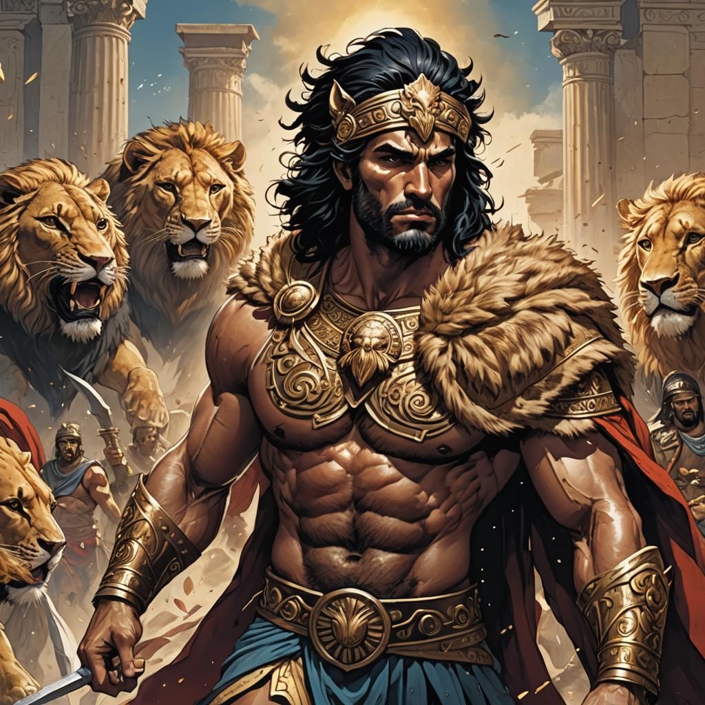 Greek Hero in Lion Headdress: Comic Book Art
