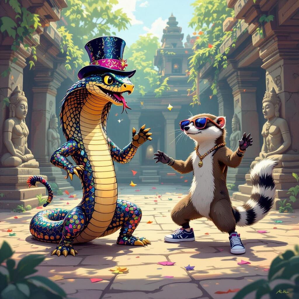 Cobra and Mongoose Breakdance Battle in Ancient Temple