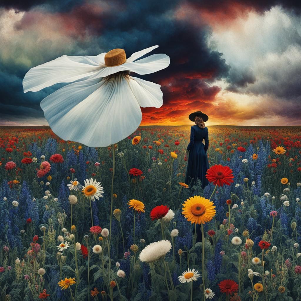 Woman in Flower Field: Surreal Magical Realism