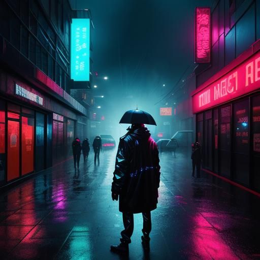 Cyberpunk Cityscape: Lone Figure in Rain