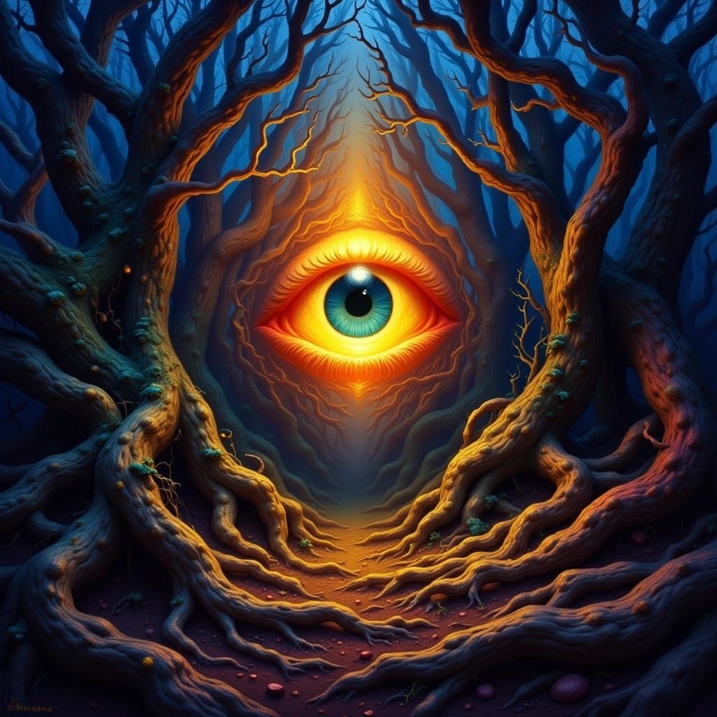 Surreal Eye Stares Upward in Misty Forest