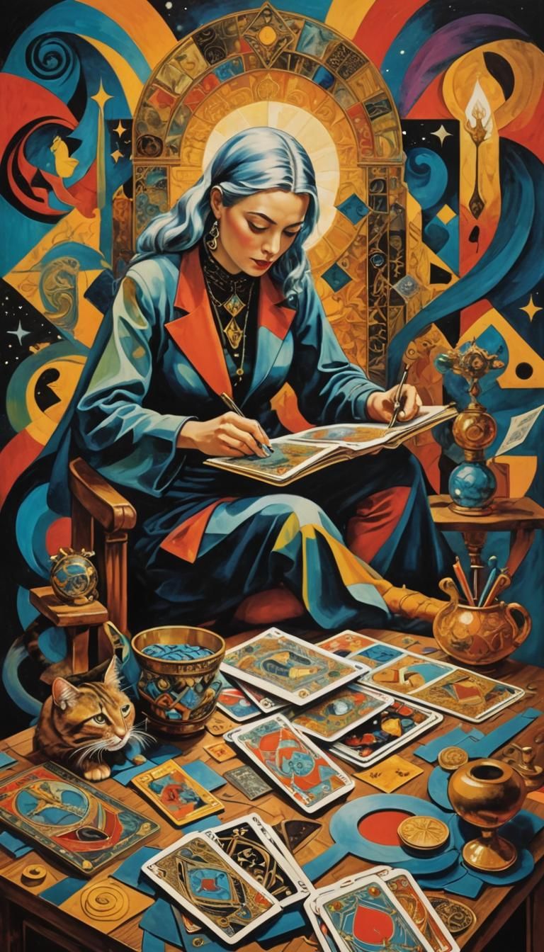 Cubist Cat Tarot Card Designer in a Surreal Style