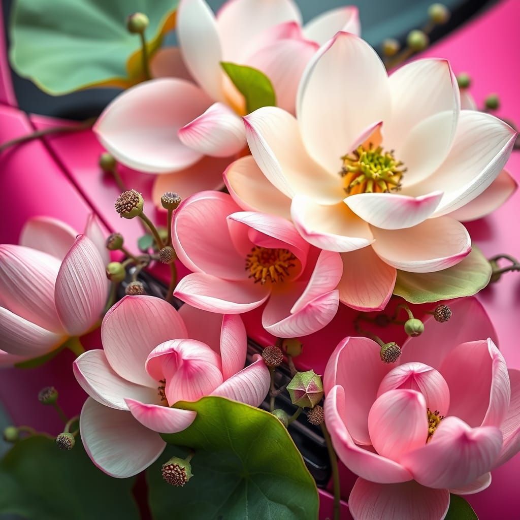 Elegant Modern Art Piece: Pink Sports Car with Blooming Lotu...