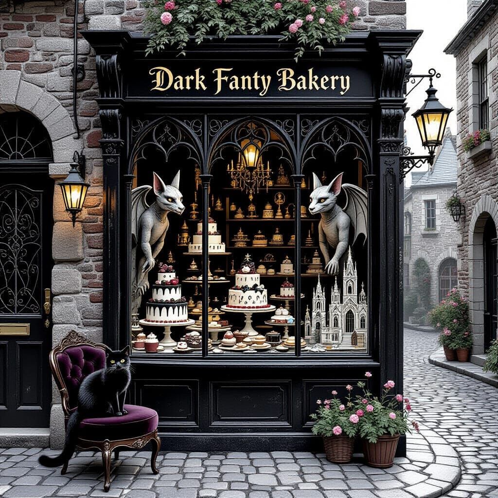Gothic Bakery with Fantasy Pastries, Dark Fantasy Art