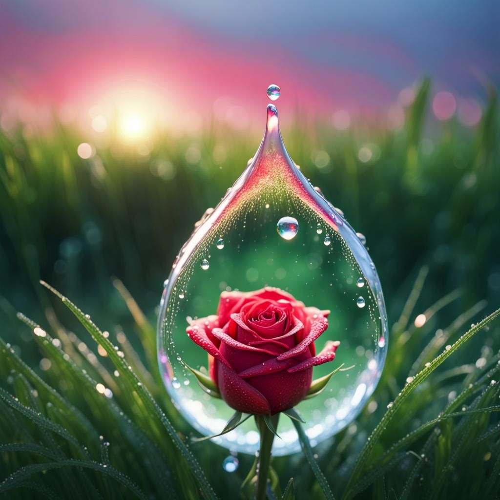 Red Rose Reflected in Dew Drop: Hyperrealistic Macro