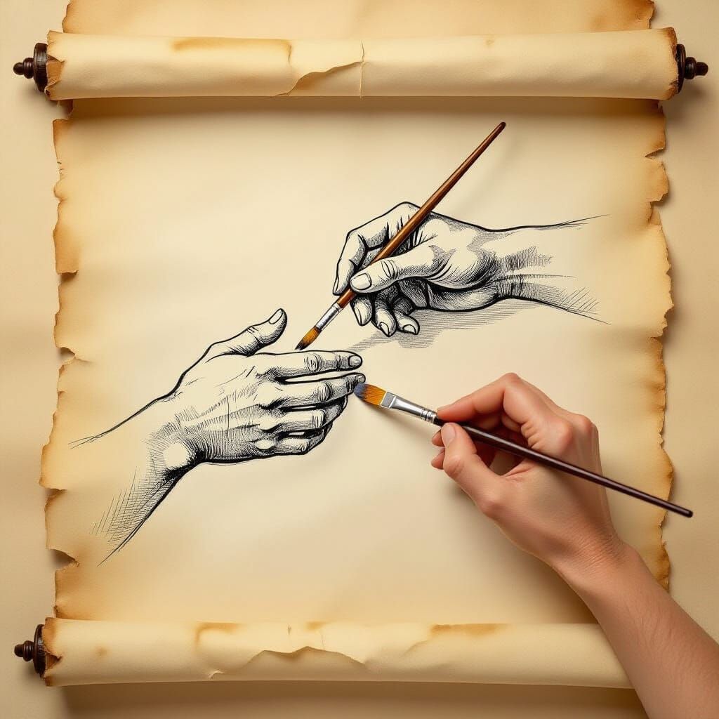 Meta-Narrative Sketch: Hand Painting Hand Sketching