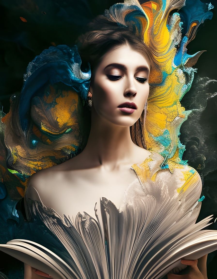 Woman Reading: Inkblot Art with Oil Painting Elements