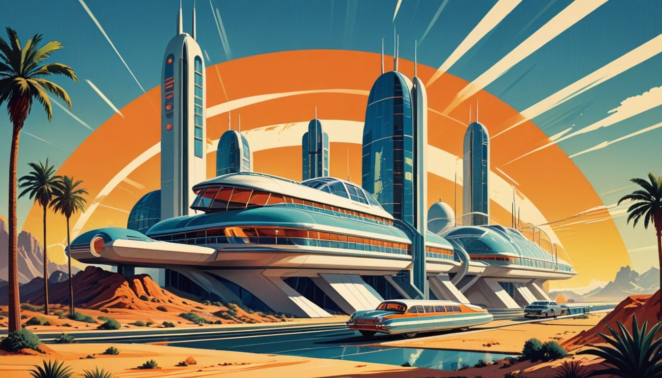 1950s Retro Futurism Travel Poster of Desert Metropolis
