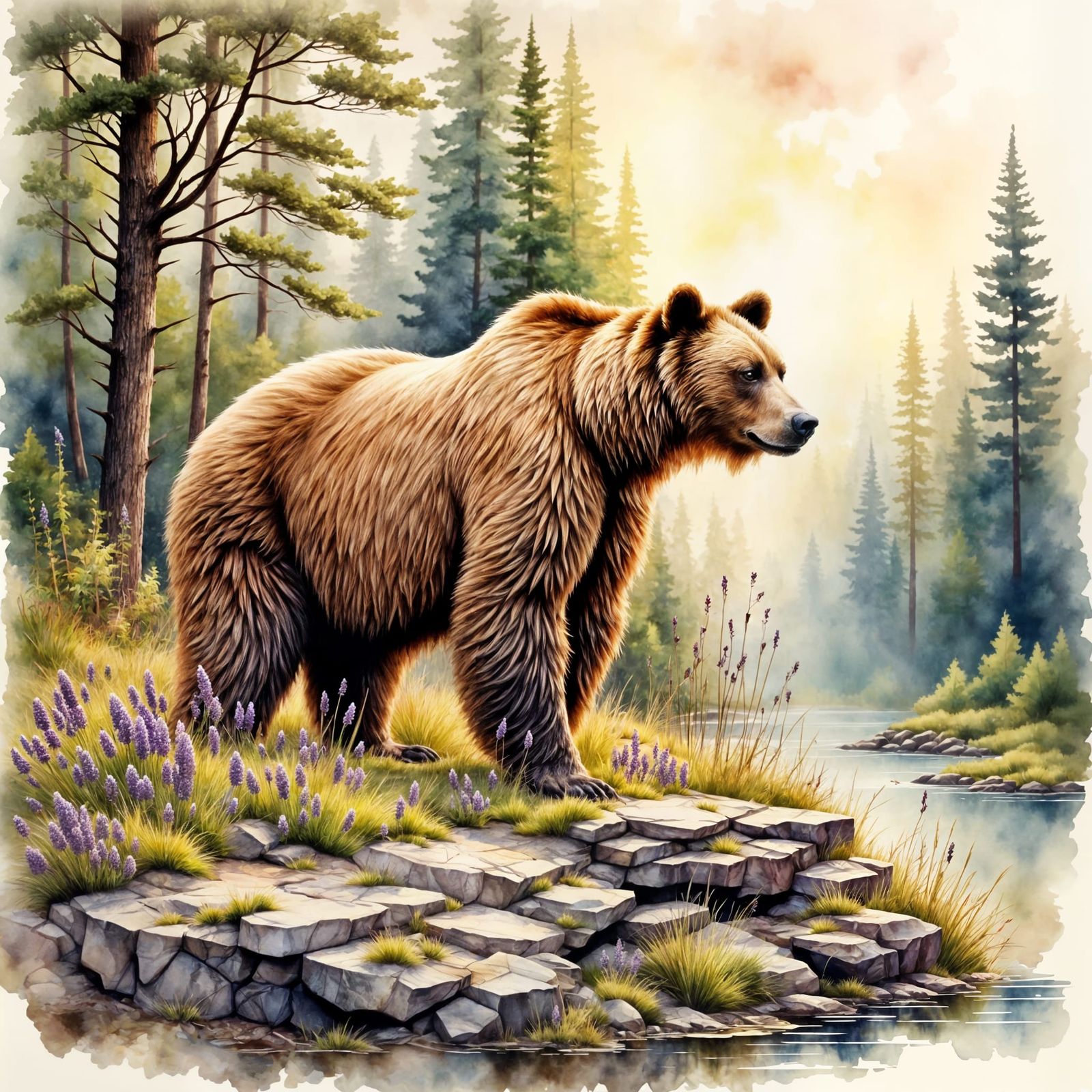 Majestic Grizzly Bear in Vibrant Watercolor
