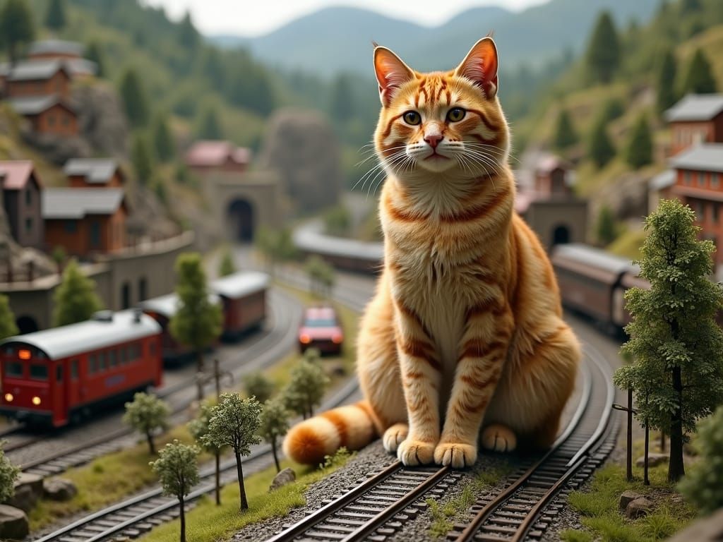 Rusty-Spotted Cat in Model Train Landscape