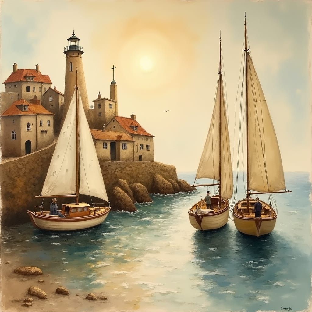 Dreamlike Coastal Town With Lighthouses and Sailboats