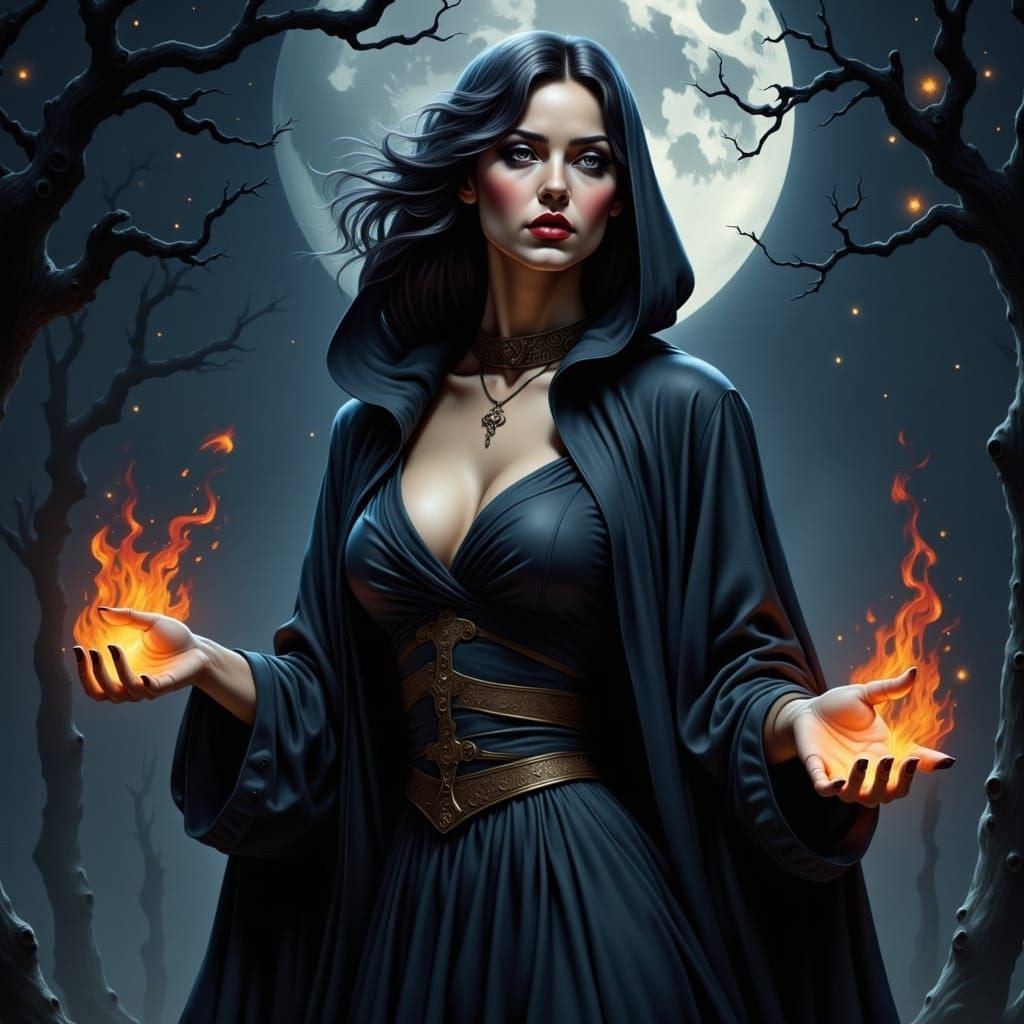 Witch Casting Spell Under Full Moon