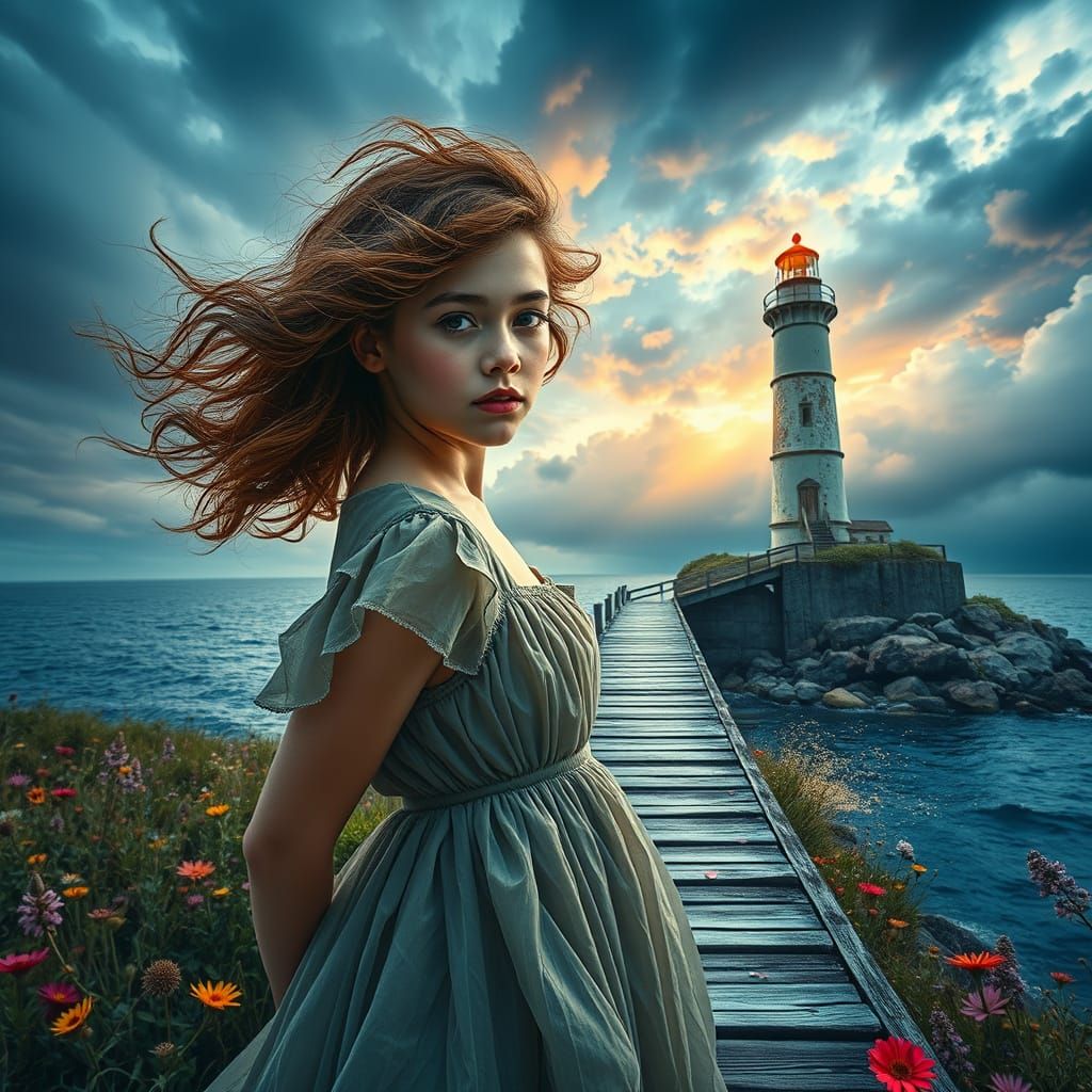 Majestic Lighthouse Amidst Wildflowers in Hyperreal Stormy S...