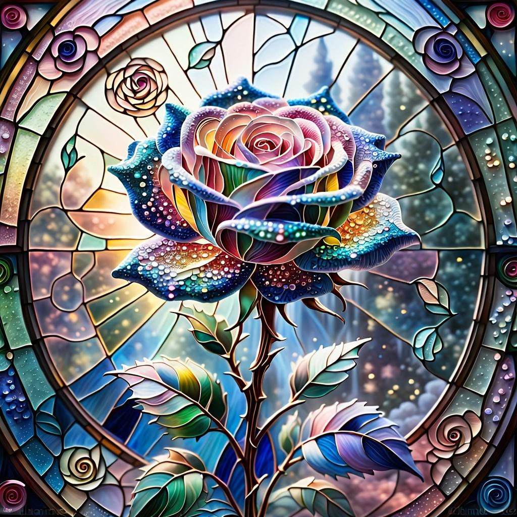 Stained Glass Rose in Pointillism Style