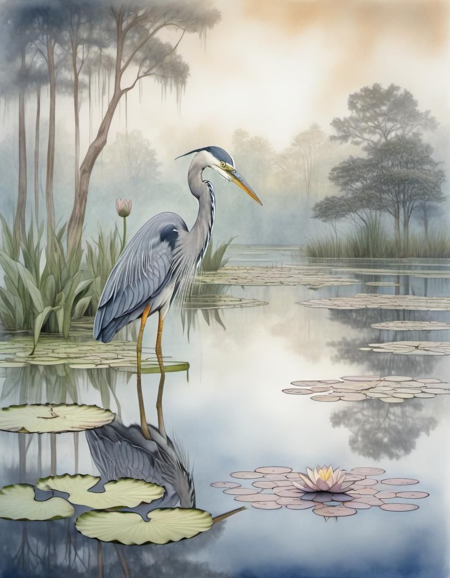 Elegant Heron in Pond: Watercolor Pencil Sketch
