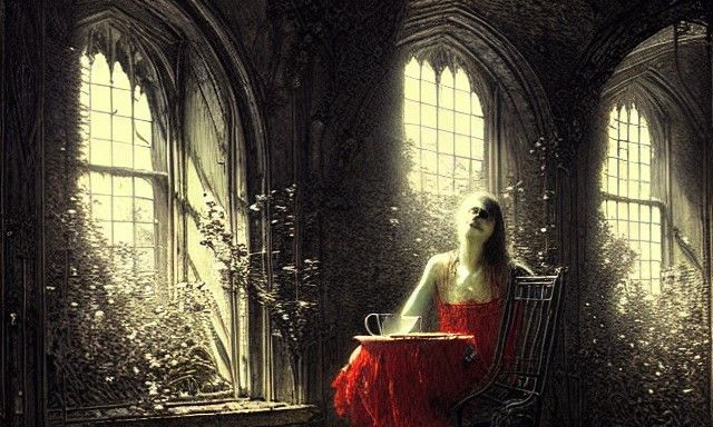 Eerie House with Garden in Engraving Style