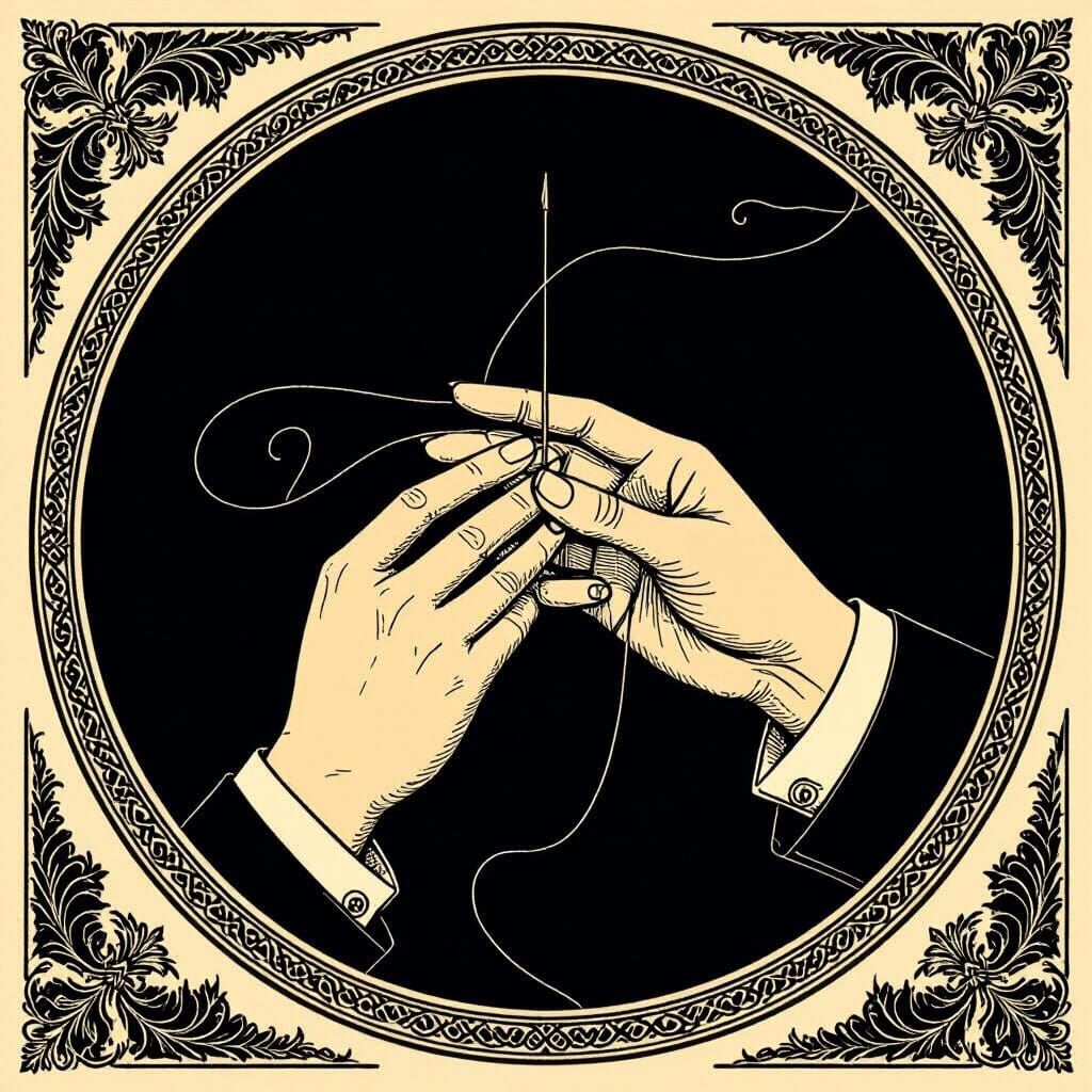 Elegant Hand Holding Needle in Circular Border