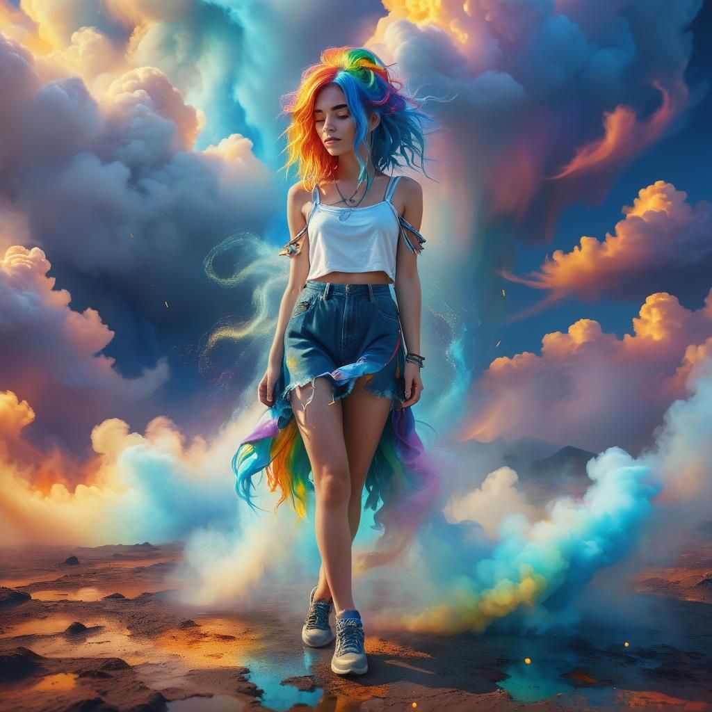 Rainbow Hair Woman on Fiery Clouds: Fantasy Art
