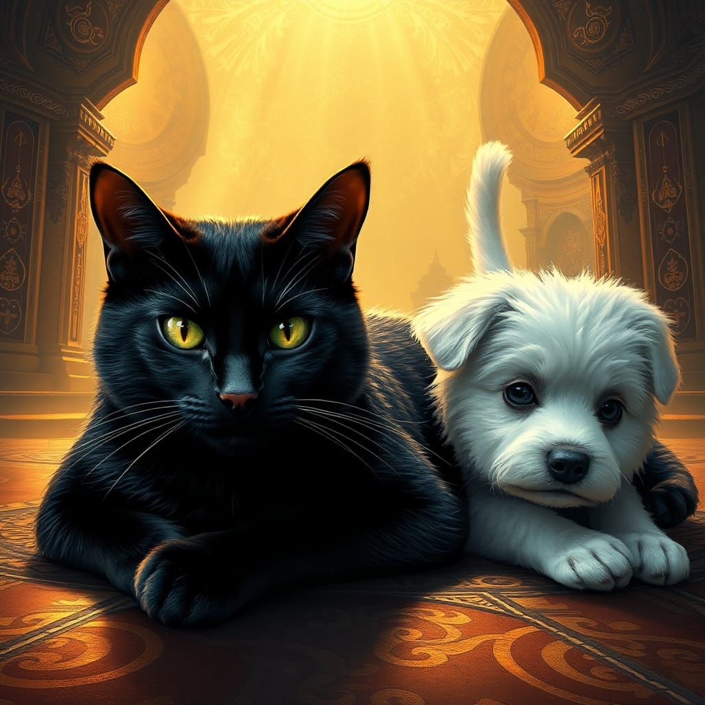 Black Cat and White Dog in Fantasy Realm