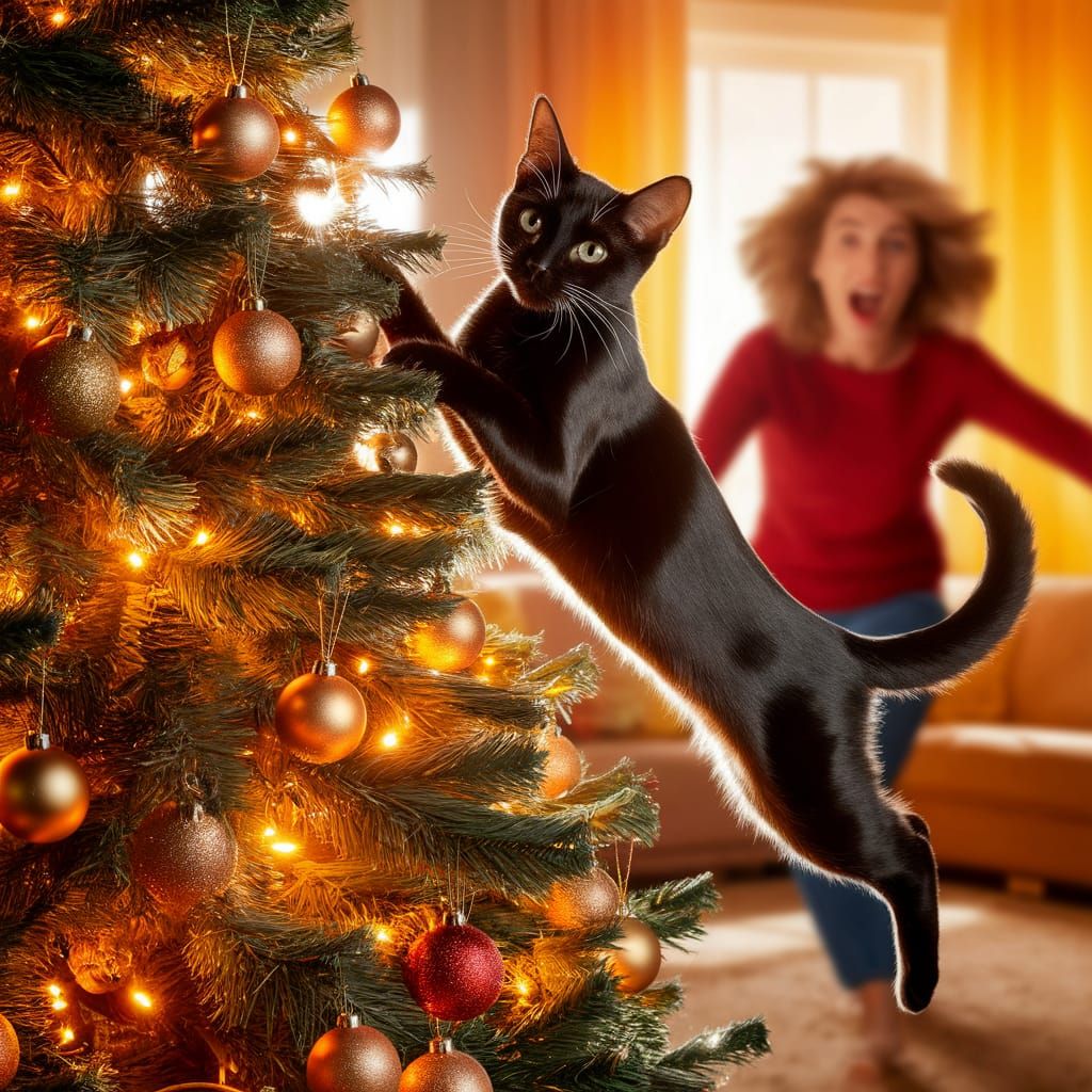 Mischievous Cat Leaps Christmas Tree in Golden Light