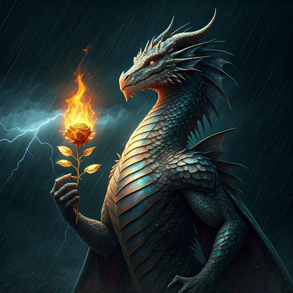 Humanoid Dragon in Storm with Golden Fire Rose