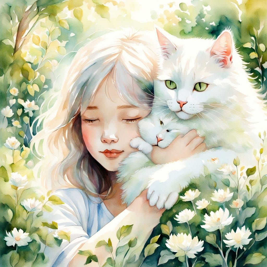 A Young Girl and Her Gentle Feline Friend in a Serene Garden