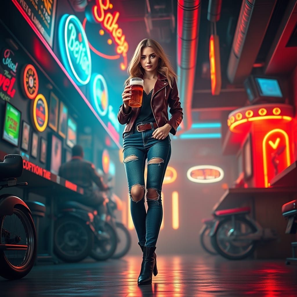 Vibrant Biker Bar Babe in Burgundy Leather Jacket