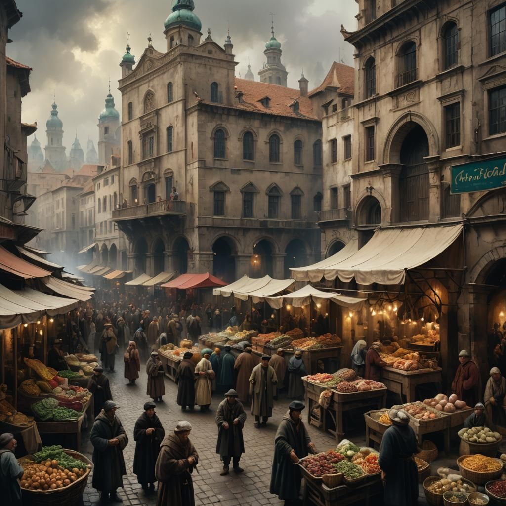 Baroque Market Scene with Ancient Cityscape
