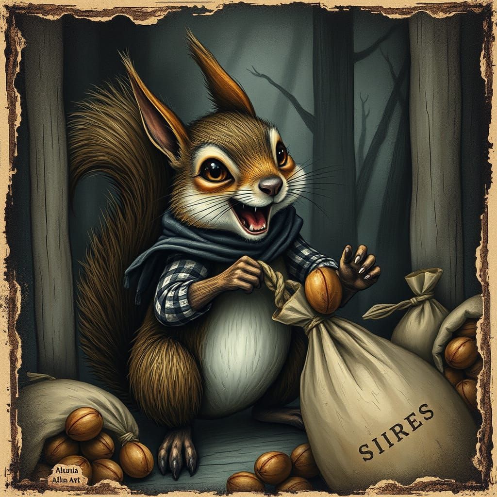Squirrel Bank Robbery in Distressed Vintage Illustration