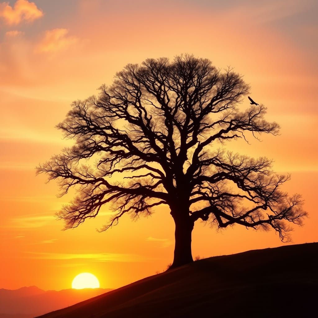Majestic Tree Silhouette in Warm Sunset Hues