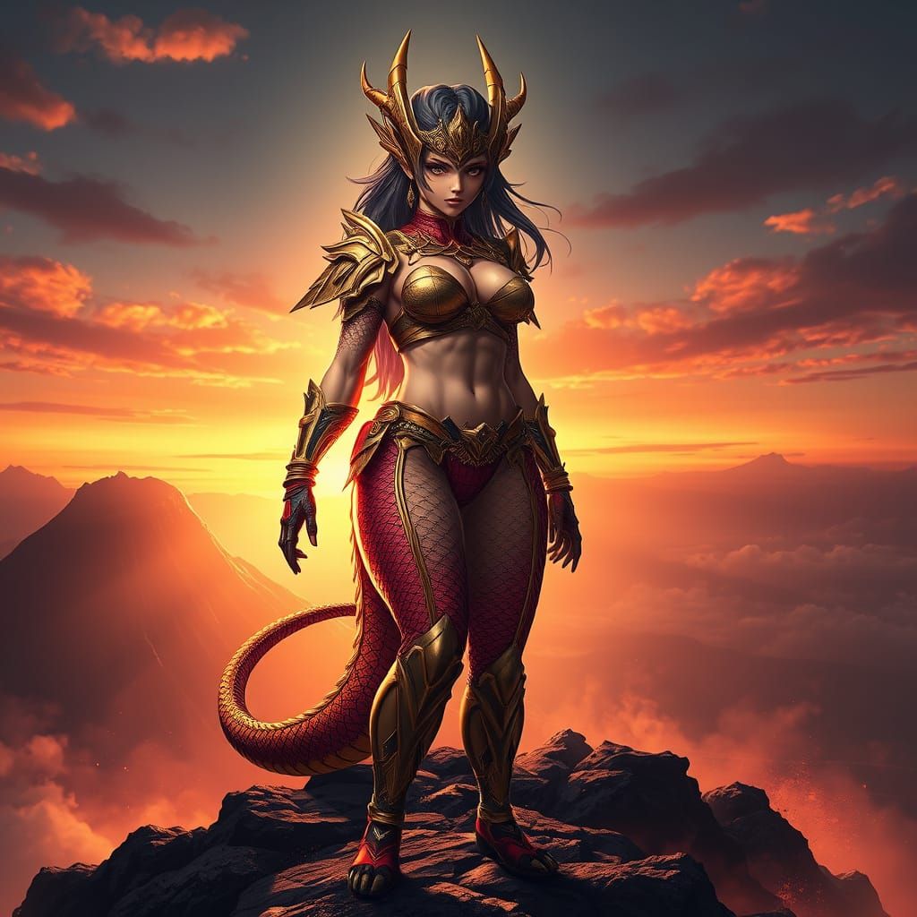 She-Dragon Warrior on Volcano in Anime Style