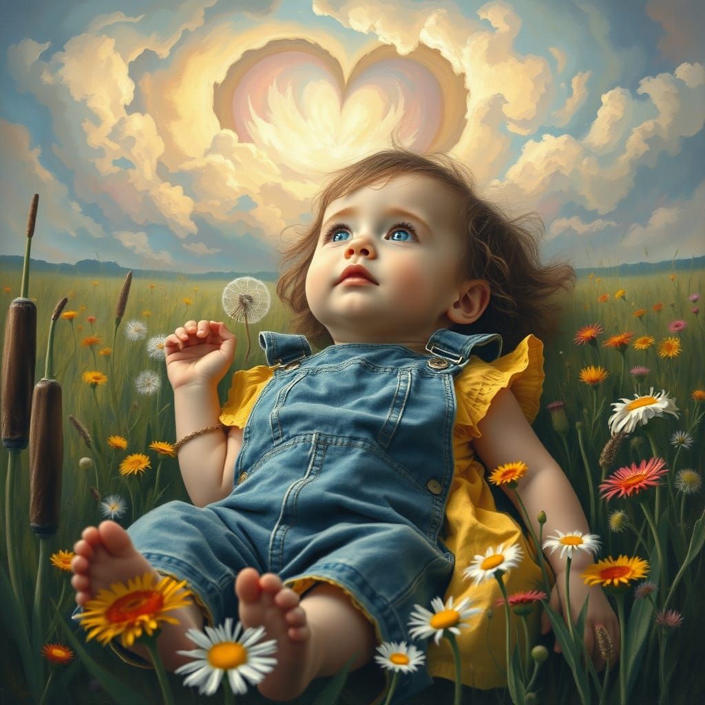 Child's Dreamy Stormy Sky in Whimsical Wildflower Field