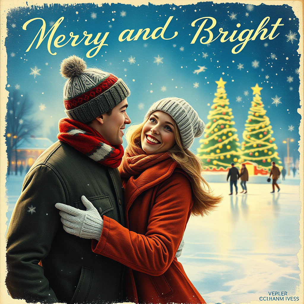 Festive Christmas Ice Skating Scene in Vintage Style