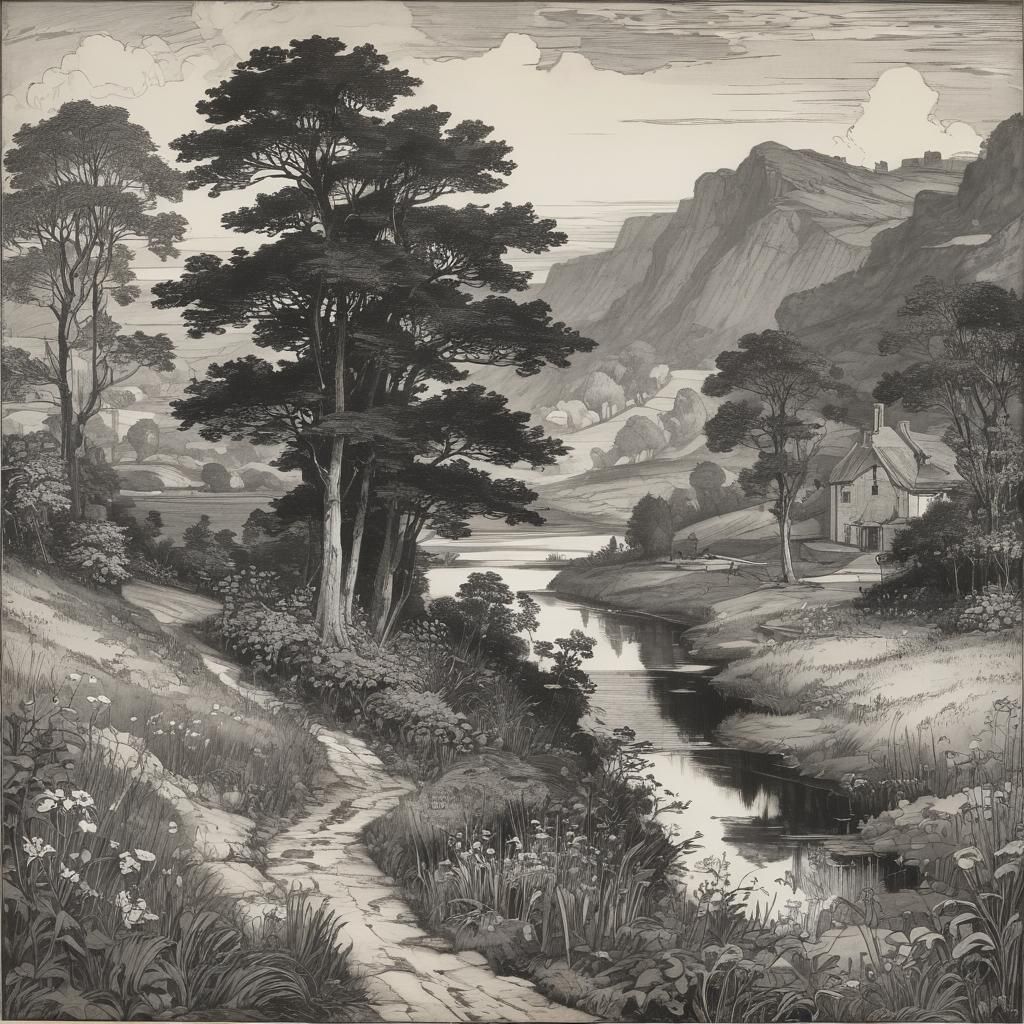 Dramatic Countryside Landscape in Combined Styles