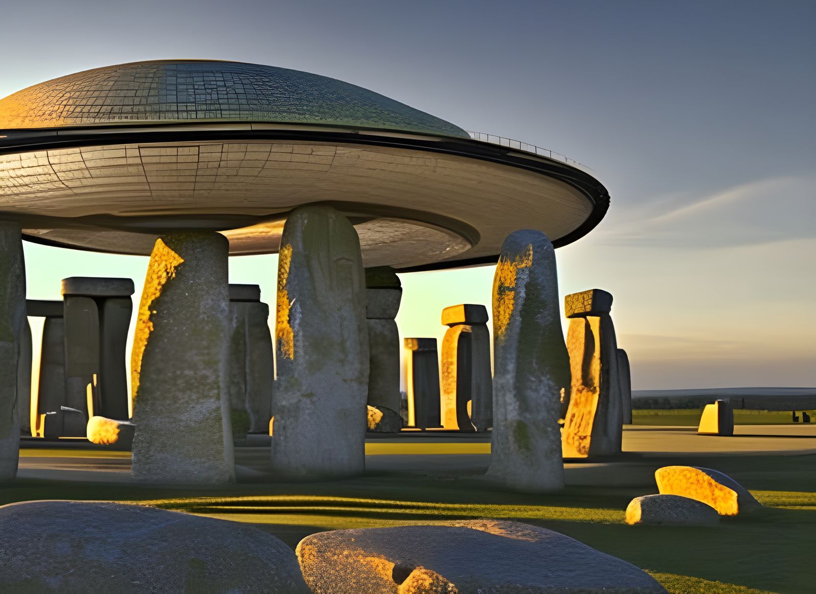 Detailed UFO Over Stonehenge in Hyperrealistic Style